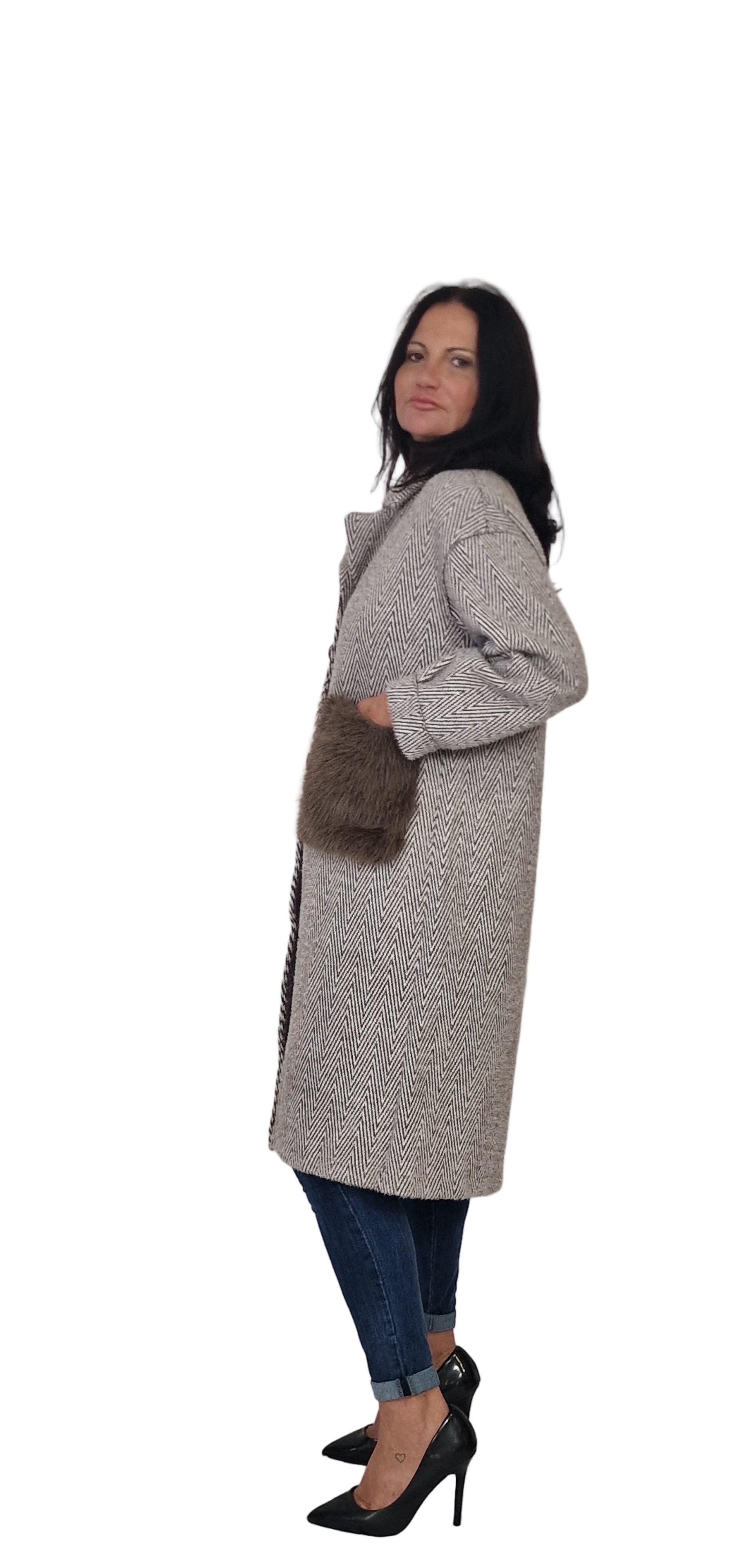 Cappotto tweed con tasconi pelliccia